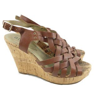 Guess Sz 6.5 M Tan Brown Strappy Cork Wedge